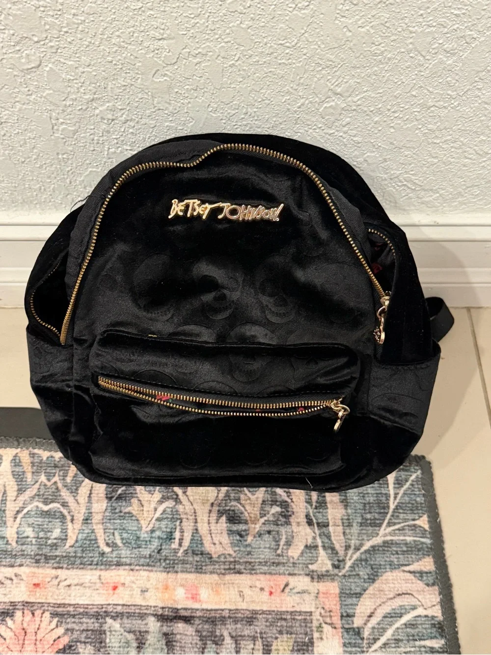 Betsey Johnson Black Velvet Mini Backpack with Gold Hardware